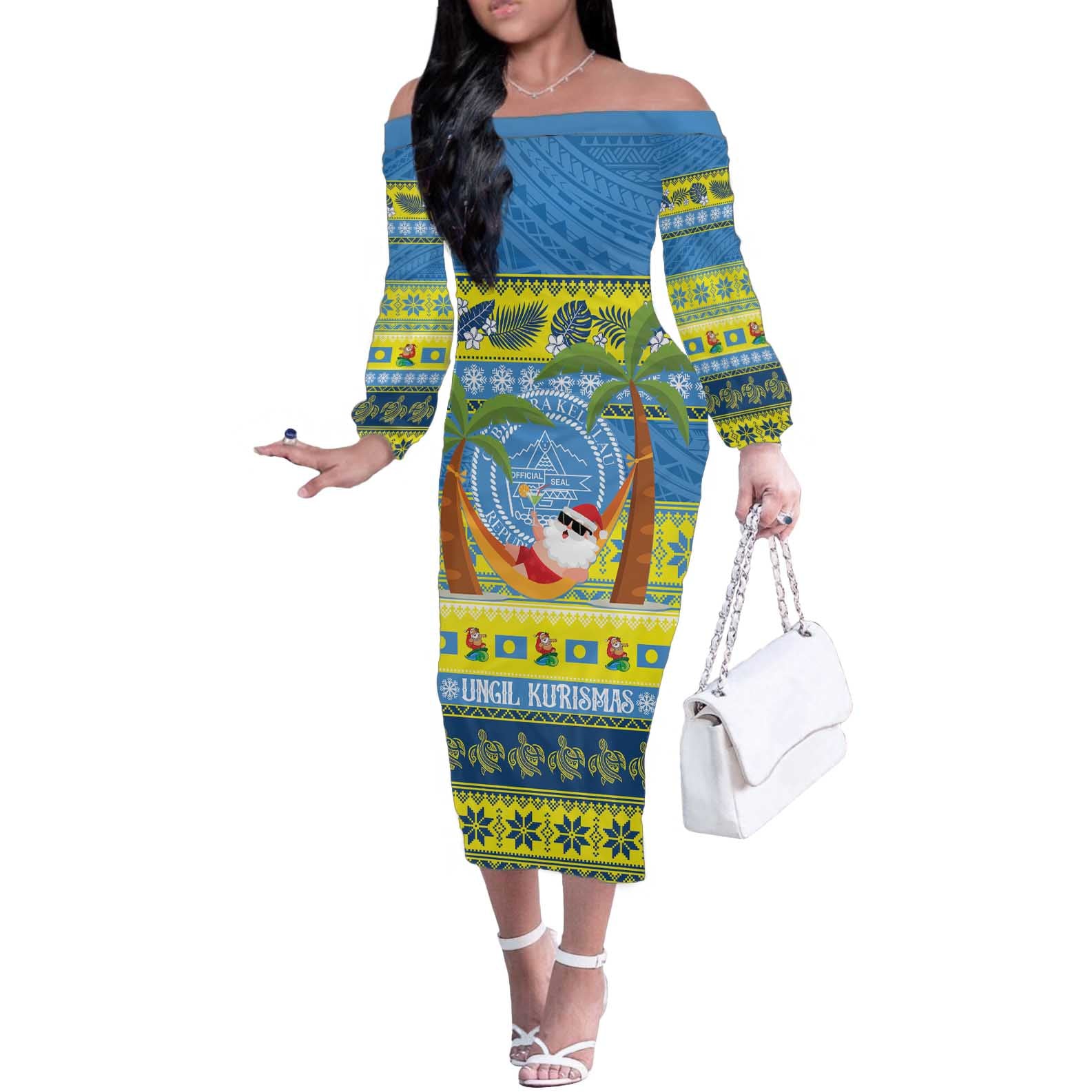 Palau Christmas Off The Shoulder Long Sleeve Dress Chilling Santa Ungil Kurismas - Polynesian Pride
