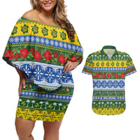 Solomon Islands Christmas Couples Matching Off Shoulder Short Dress and Hawaiian Shirt The Solomons Melanesian Meri Krismas - Polynesian Pride