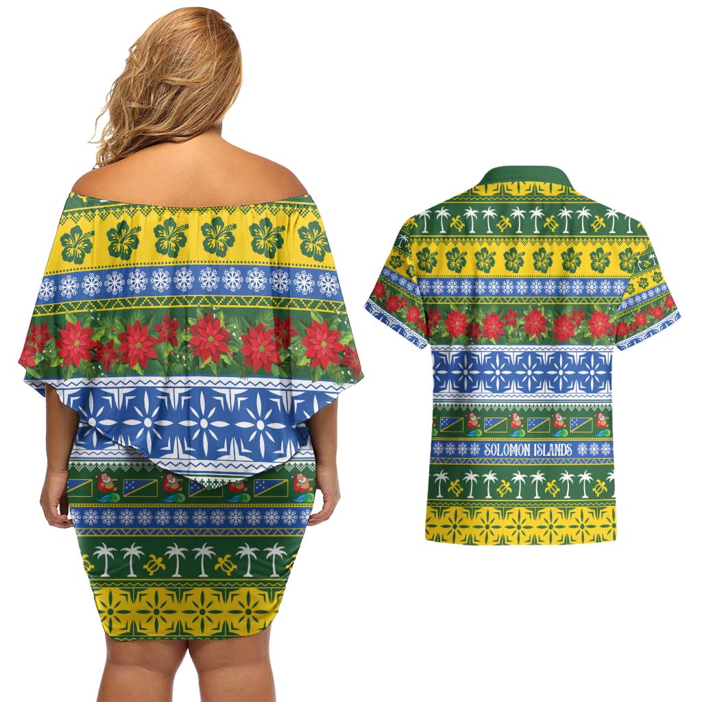 Solomon Islands Christmas Couples Matching Off Shoulder Short Dress and Hawaiian Shirt The Solomons Melanesian Meri Krismas - Polynesian Pride