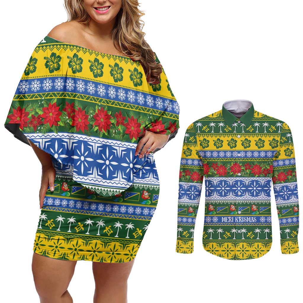 Solomon Islands Christmas Couples Matching Off Shoulder Short Dress and Long Sleeve Button Shirt The Solomons Melanesian Meri Krismas - Polynesian Pride