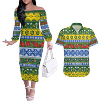 Solomon Islands Christmas Couples Matching Off The Shoulder Long Sleeve Dress and Hawaiian Shirt The Solomons Melanesian Meri Krismas - Polynesian Pride