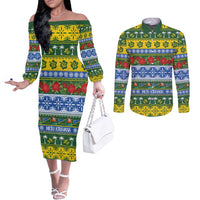 Solomon Islands Christmas Couples Matching Off The Shoulder Long Sleeve Dress and Long Sleeve Button Shirt The Solomons Melanesian Meri Krismas - Polynesian Pride
