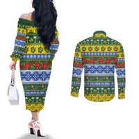 Solomon Islands Christmas Couples Matching Off The Shoulder Long Sleeve Dress and Long Sleeve Button Shirt The Solomons Melanesian Meri Krismas - Polynesian Pride