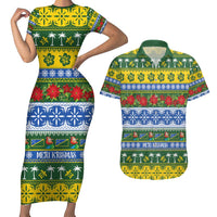 Solomon Islands Christmas Couples Matching Short Sleeve Bodycon Dress and Hawaiian Shirt The Solomons Melanesian Meri Krismas - Polynesian Pride