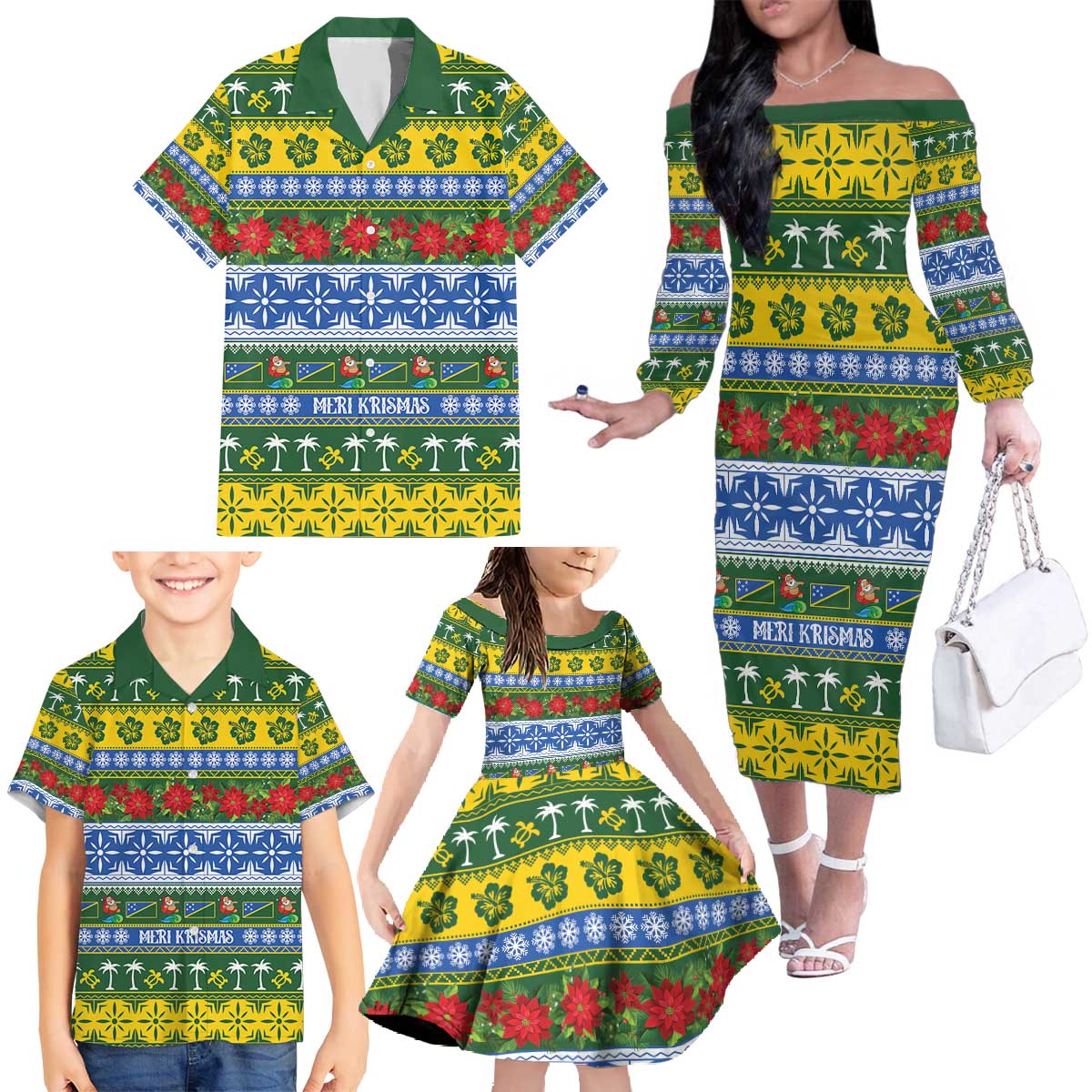 Solomon Islands Christmas Family Matching Off The Shoulder Long Sleeve Dress and Hawaiian Shirt The Solomons Melanesian Meri Krismas - Polynesian Pride