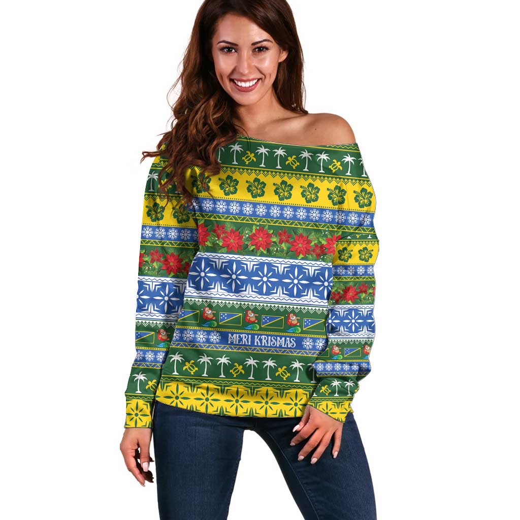 Solomon Islands Christmas Off Shoulder Sweater The Solomons Melanesian Meri Krismas - Polynesian Pride