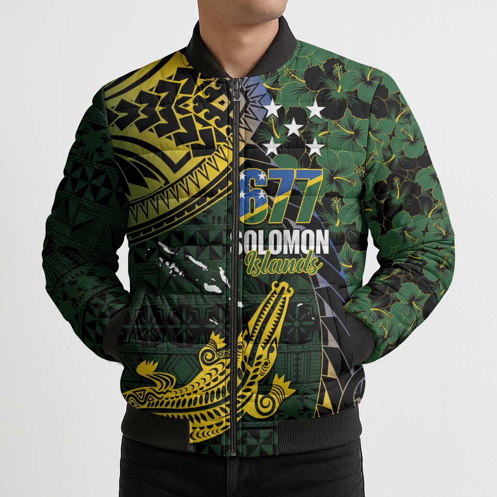 Solomon Islands Bomber Puffer Jacket 677 Proud Crocodile Melanesian Pattern - Polynesian Pride