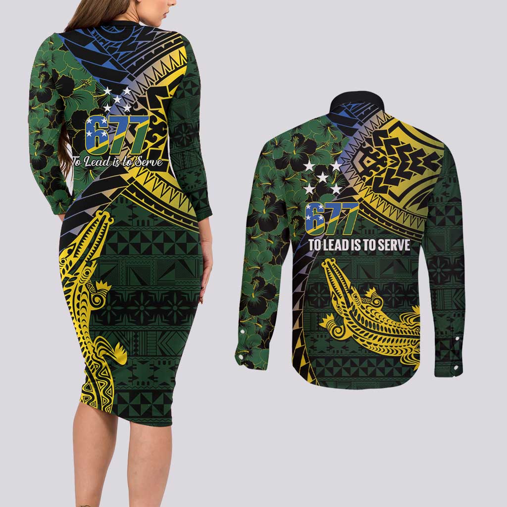 Solomon Islands Couples Matching Long Sleeve Bodycon Dress and Long Sleeve Button Shirt 677 Proud Crocodile Melanesian Pattern - Polynesian Pride