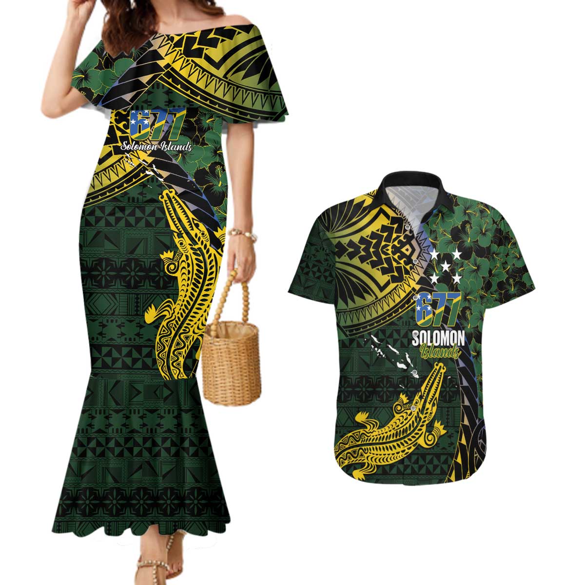 Solomon Islands Couples Matching Mermaid Dress and Hawaiian Shirt 677 Proud Crocodile Melanesian Pattern - Polynesian Pride