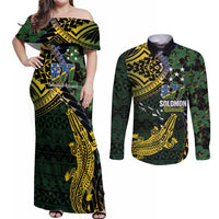 Solomon Islands Couples Matching Off Shoulder Maxi Dress and Long Sleeve Button Shirt 677 Proud Crocodile Melanesian Pattern - Polynesian Pride