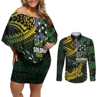 Solomon Islands Couples Matching Off Shoulder Short Dress and Long Sleeve Button Shirt 677 Proud Crocodile Melanesian Pattern - Polynesian Pride
