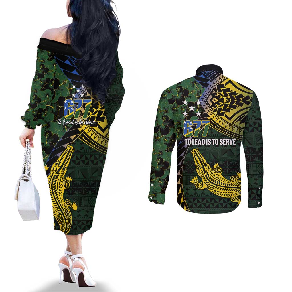 Solomon Islands Couples Matching Off The Shoulder Long Sleeve Dress and Long Sleeve Button Shirt 677 Proud Crocodile Melanesian Pattern - Polynesian Pride