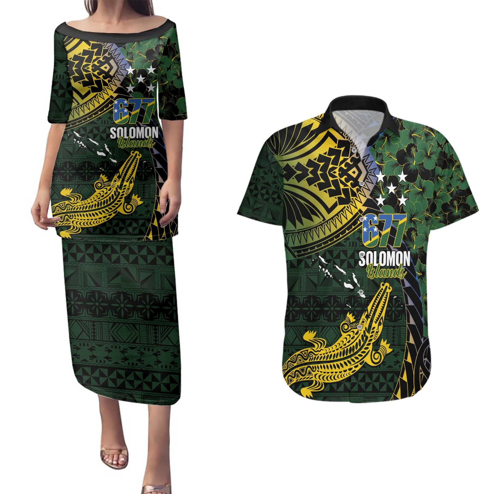 Solomon Islands Couples Matching Puletasi and Hawaiian Shirt 677 Proud Crocodile Melanesian Pattern - Polynesian Pride