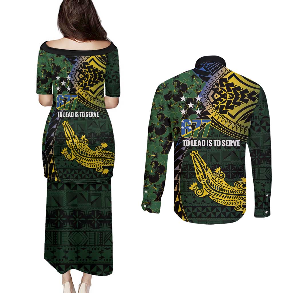 Solomon Islands Couples Matching Puletasi and Long Sleeve Button Shirt 677 Proud Crocodile Melanesian Pattern - Polynesian Pride