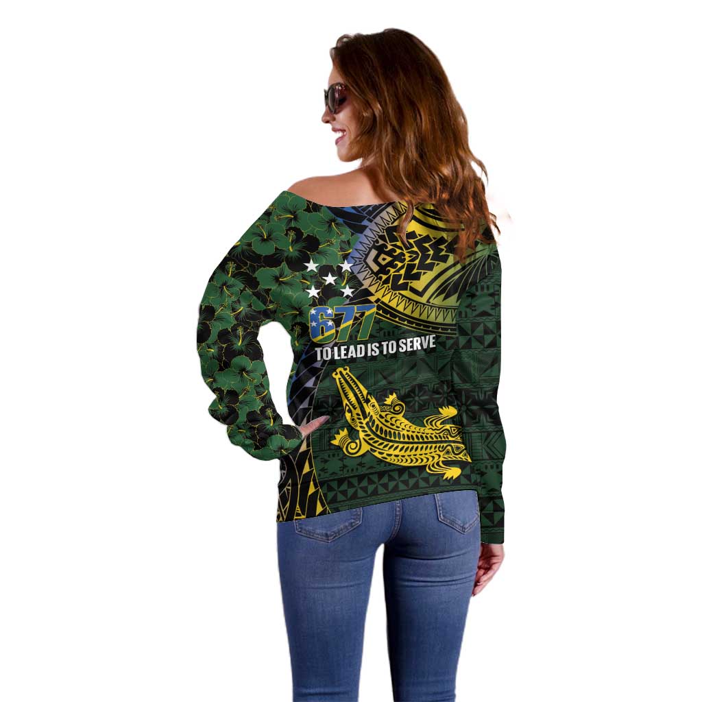 Solomon Islands Off Shoulder Sweater 677 Proud Crocodile Melanesian Pattern - Polynesian Pride