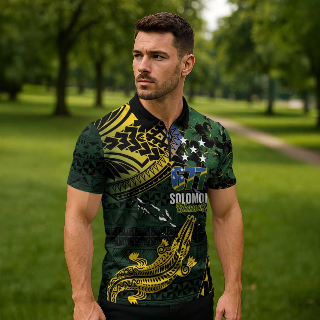 Solomon Islands Zipper Polo Shirt 677 Proud Crocodile Melanesian Pattern - Polynesian Pride
