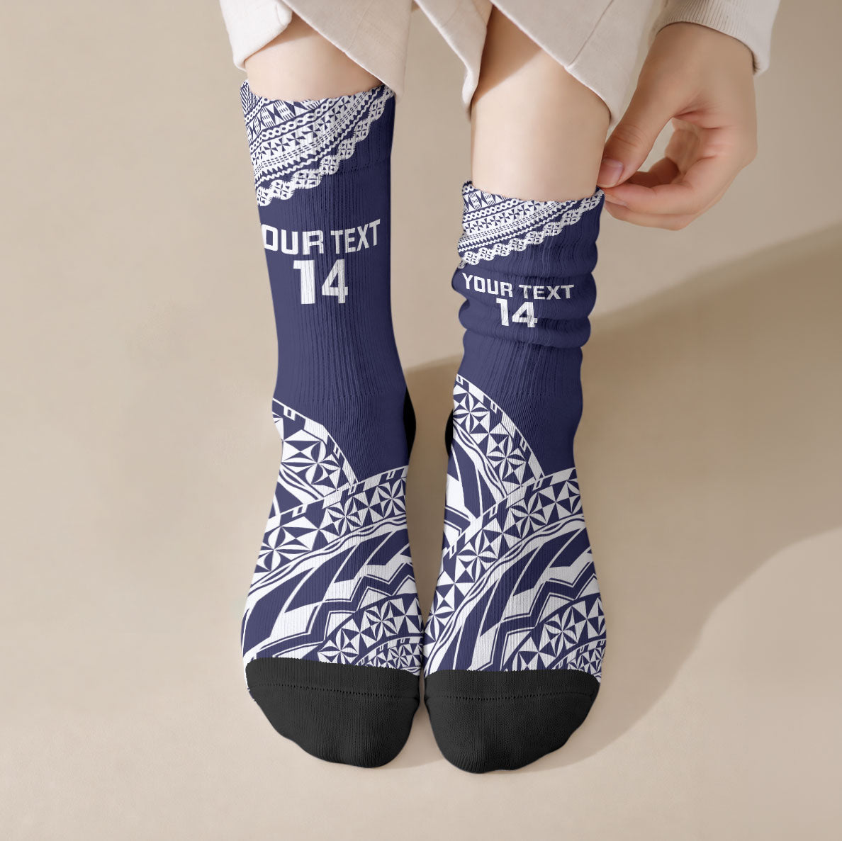 Nadi Fiji 2026 Rugby Custom Crew Socks Kikau Fijian Tapa Pattern LT14 Crew Socks Navy Blue - Polynesian Pride