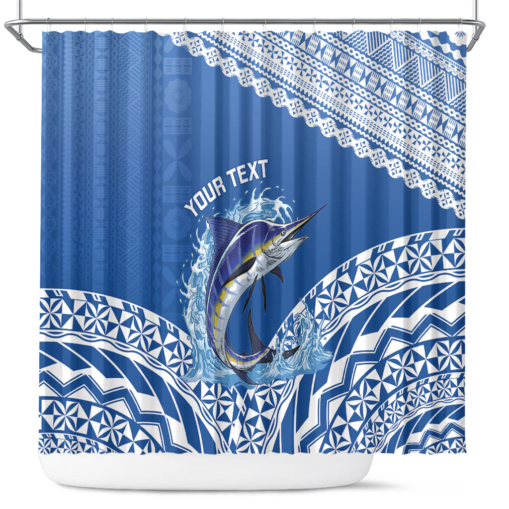 Yasawa Fiji 2026 Rugby Custom Shower Curtain Marlin Fijian Tapa Pattern LT14 Blue - Polynesian Pride