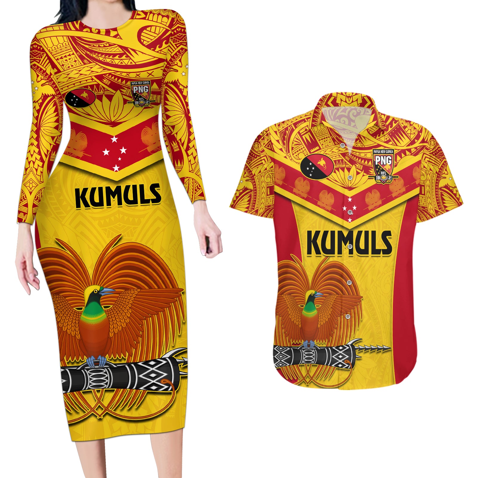 Custom Papua New Guinea Rugby Couples Matching Long Sleeve Bodycon Dress and Hawaiian Shirt 2023 Go Kumuls Pacific Dynamic Style LT14 Yellow - Polynesian Pride