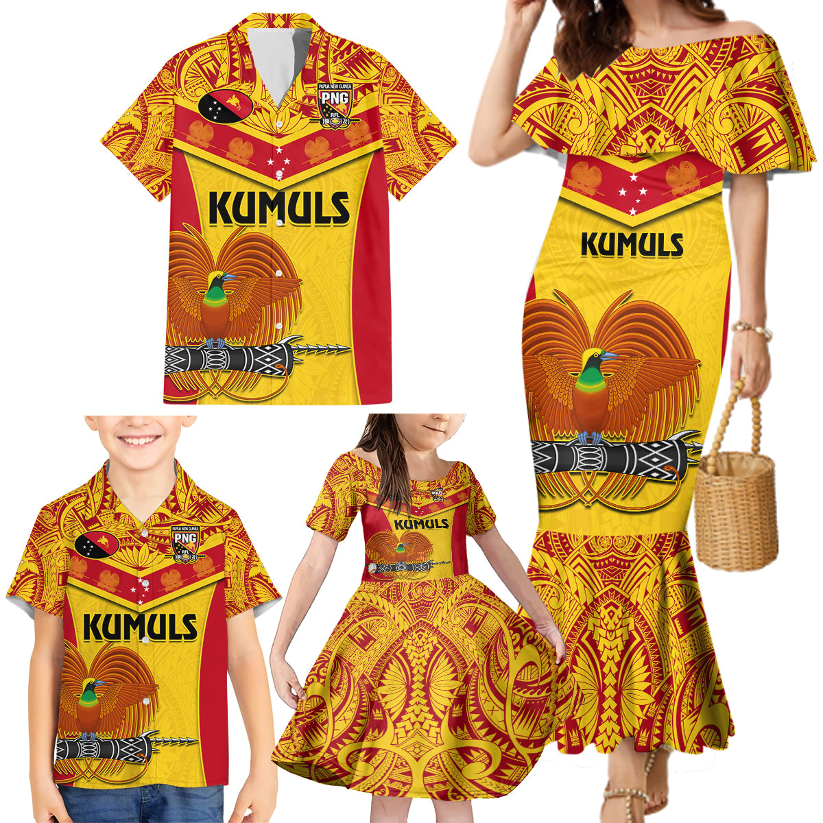 Custom Papua New Guinea Rugby Family Matching Mermaid Dress and Hawaiian Shirt 2023 Go Kumuls Pacific Dynamic Style LT14 - Polynesian Pride