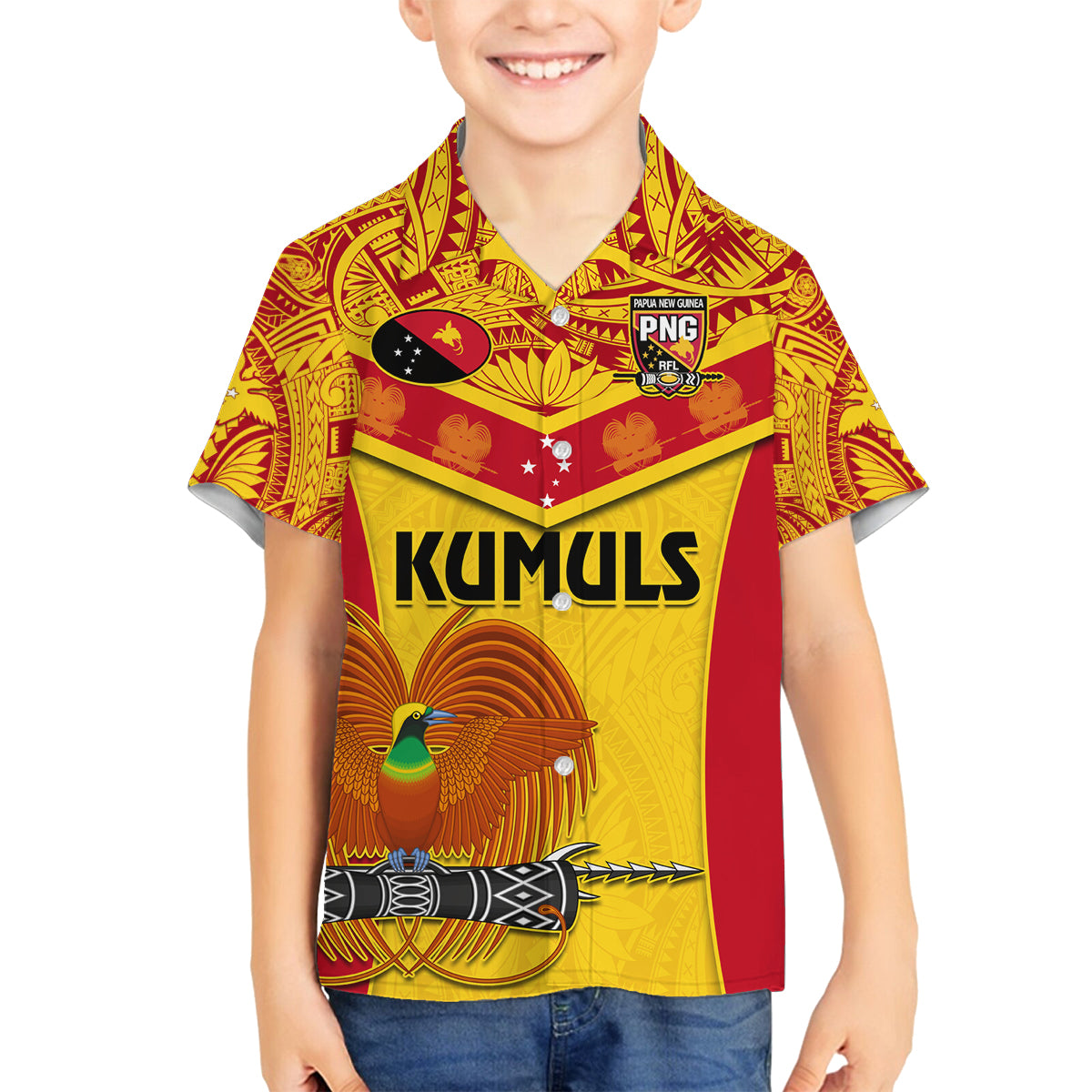 Custom Papua New Guinea Rugby Family Matching Tank Maxi Dress and Hawaiian Shirt 2023 Go Kumuls Pacific Dynamic Style LT14 Son's Shirt Yellow - Polynesian Pride