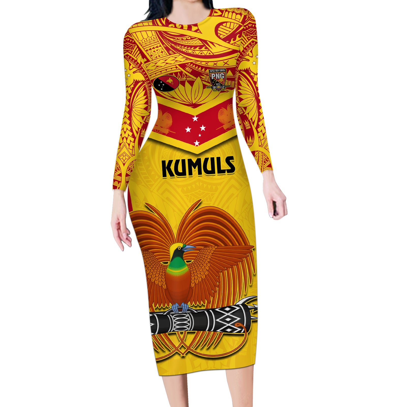 Custom Papua New Guinea Rugby Long Sleeve Bodycon Dress 2023 Go Kumuls Pacific Dynamic Style LT14 Long Dress Yellow - Polynesian Pride