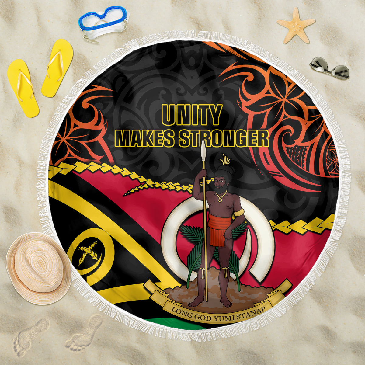 Vanuatu Unity Day Beach Blanket 29 November Coat Of Arms With Flag Style LT14 One Size 150cm Black - Polynesian Pride