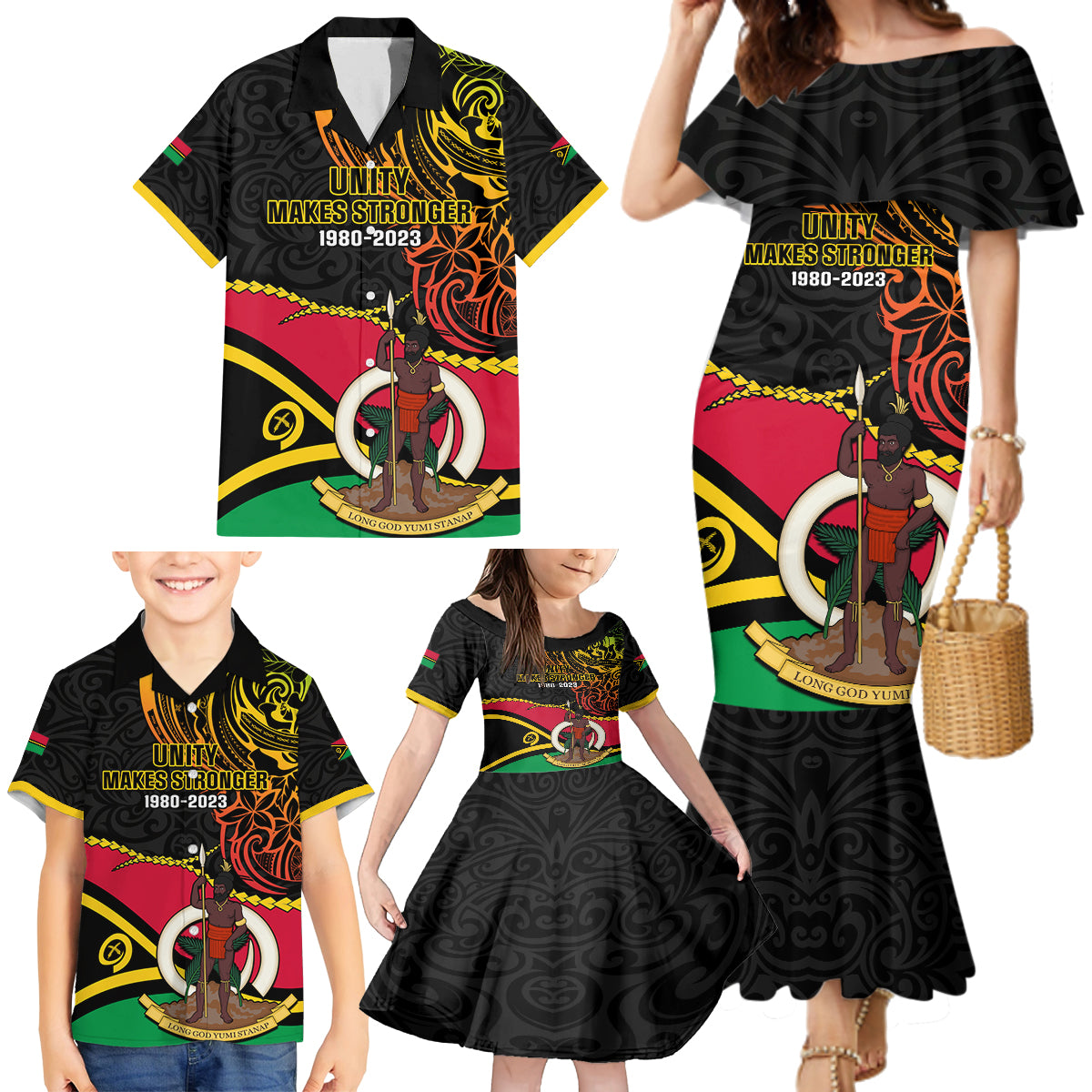 Personalised Vanuatu Unity Day Family Matching Mermaid Dress and Hawaiian Shirt 29 November Coat Of Arms With Flag Style LT14 - Polynesian Pride