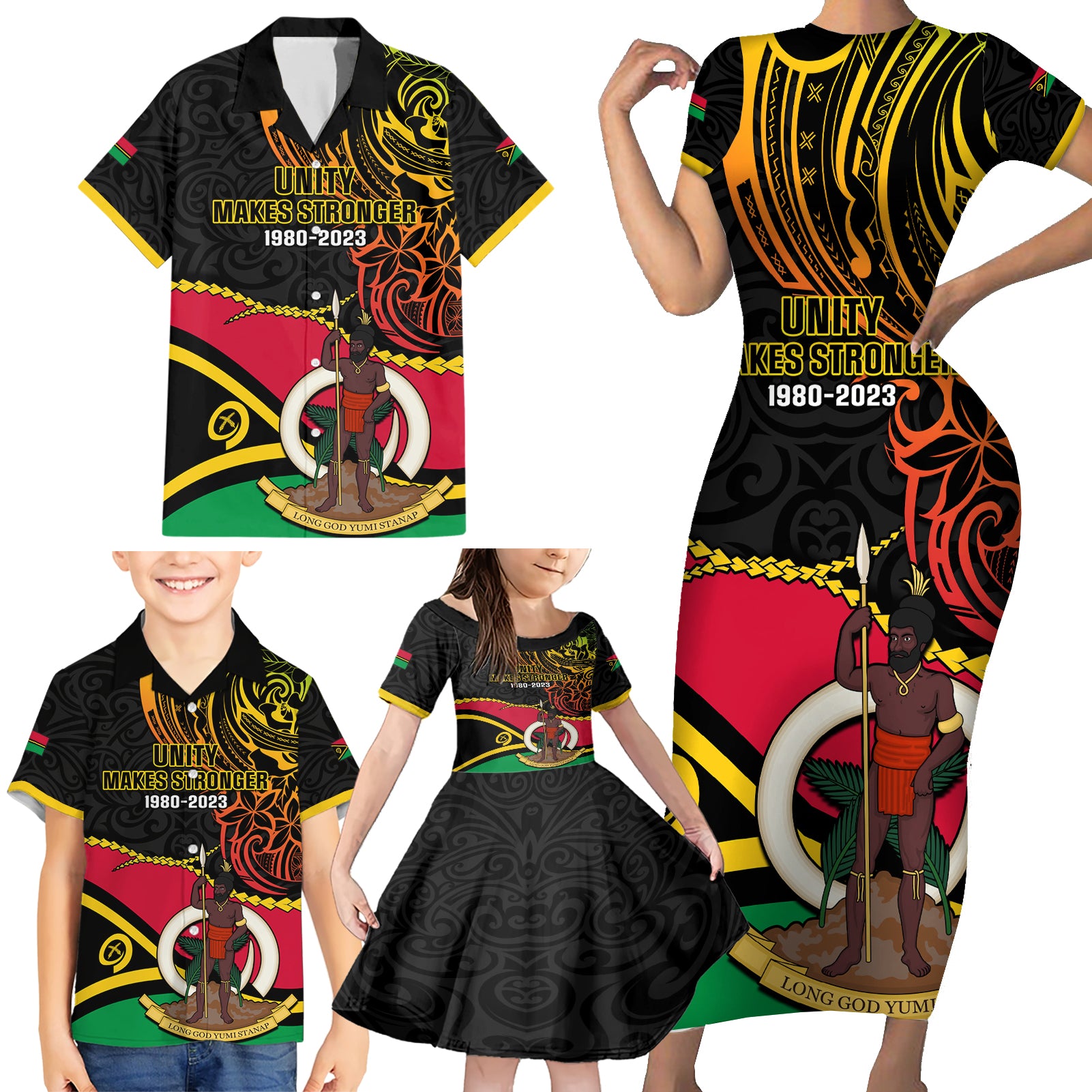 Personalised Vanuatu Unity Day Family Matching Short Sleeve Bodycon Dress and Hawaiian Shirt 29 November Coat Of Arms With Flag Style LT14 - Polynesian Pride