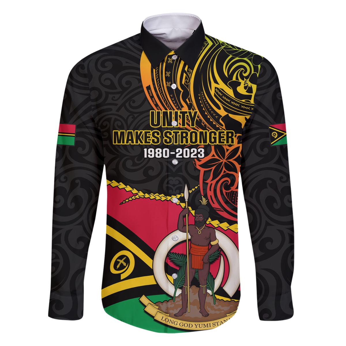Personalised Vanuatu Unity Day Family Matching Short Sleeve Bodycon Dress and Hawaiian Shirt 29 November Coat Of Arms With Flag Style LT14 Dad's Shirt - Long Sleeve Black - Polynesian Pride