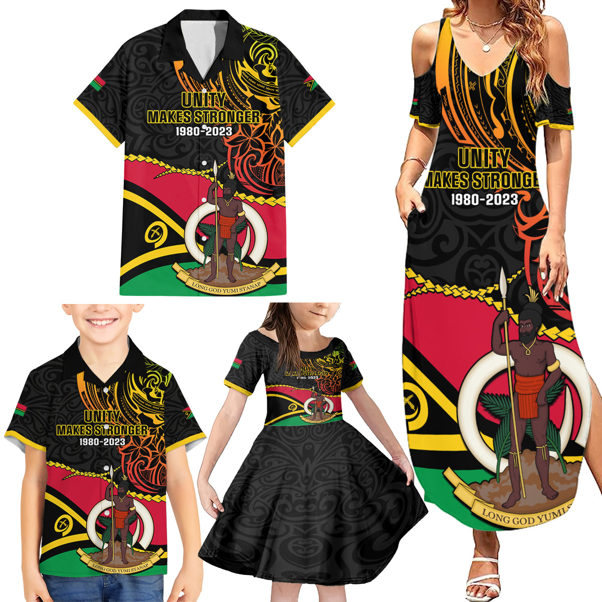 Personalised Vanuatu Unity Day Family Matching Summer Maxi Dress and Hawaiian Shirt 29 November Coat Of Arms With Flag Style LT14 - Polynesian Pride