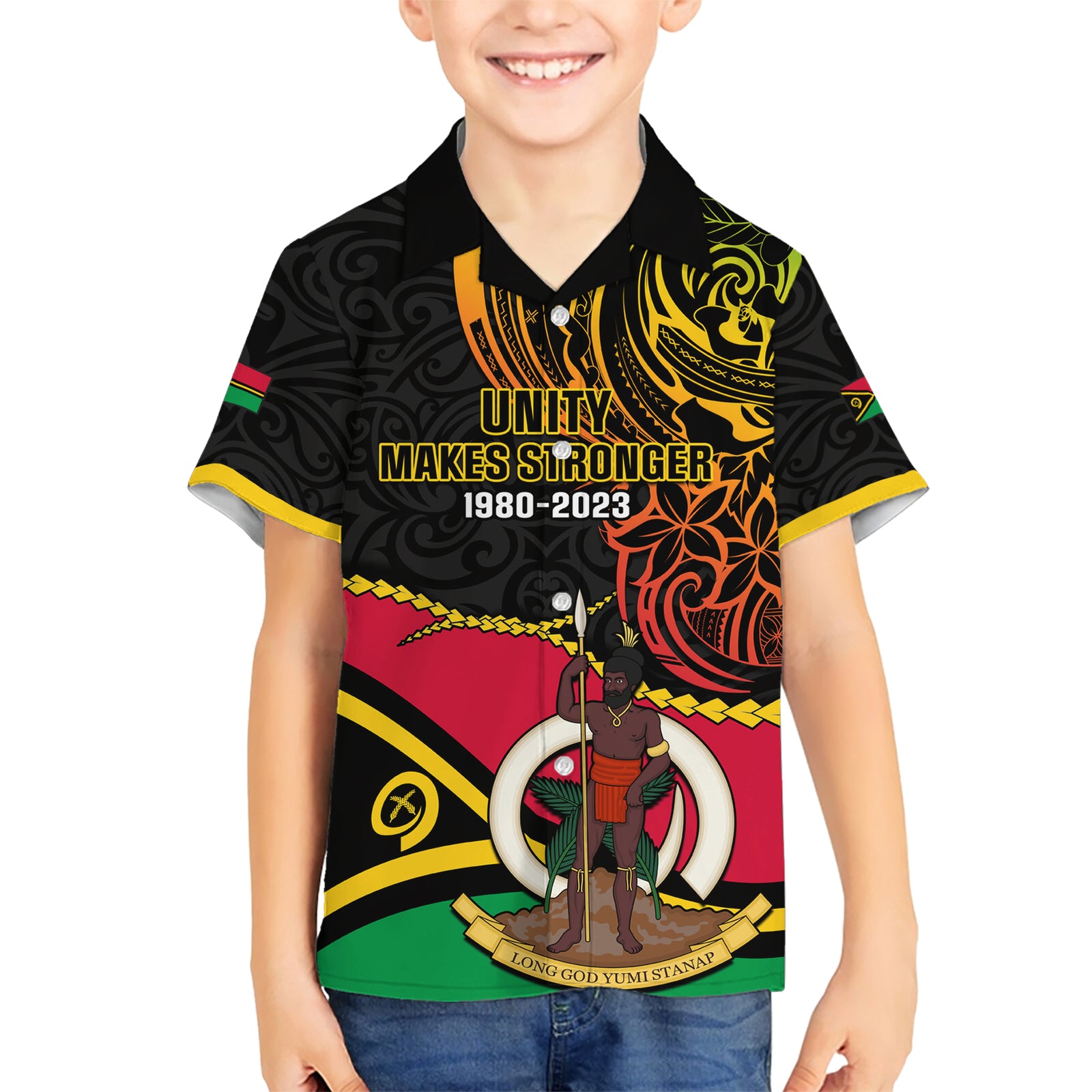 Personalised Vanuatu Unity Day Kid Hawaiian Shirt 29 November Coat Of Arms With Flag Style LT14 Kid Black - Polynesian Pride