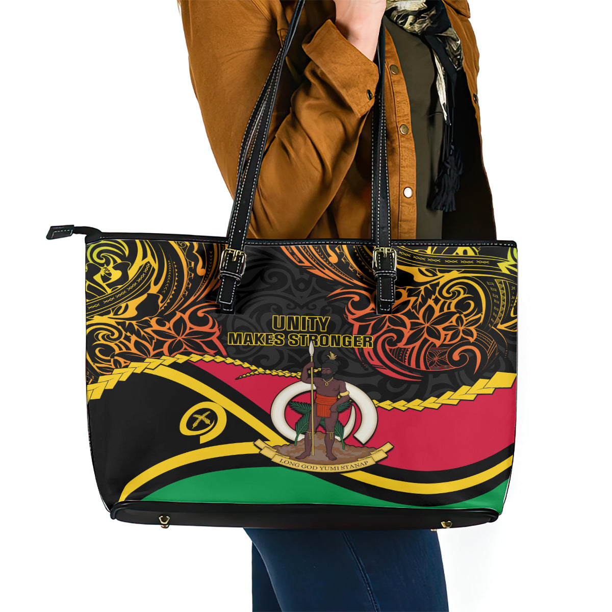 Vanuatu Unity Day Leather Tote Bag 29 November Coat Of Arms With Flag Style LT14 - Polynesian Pride