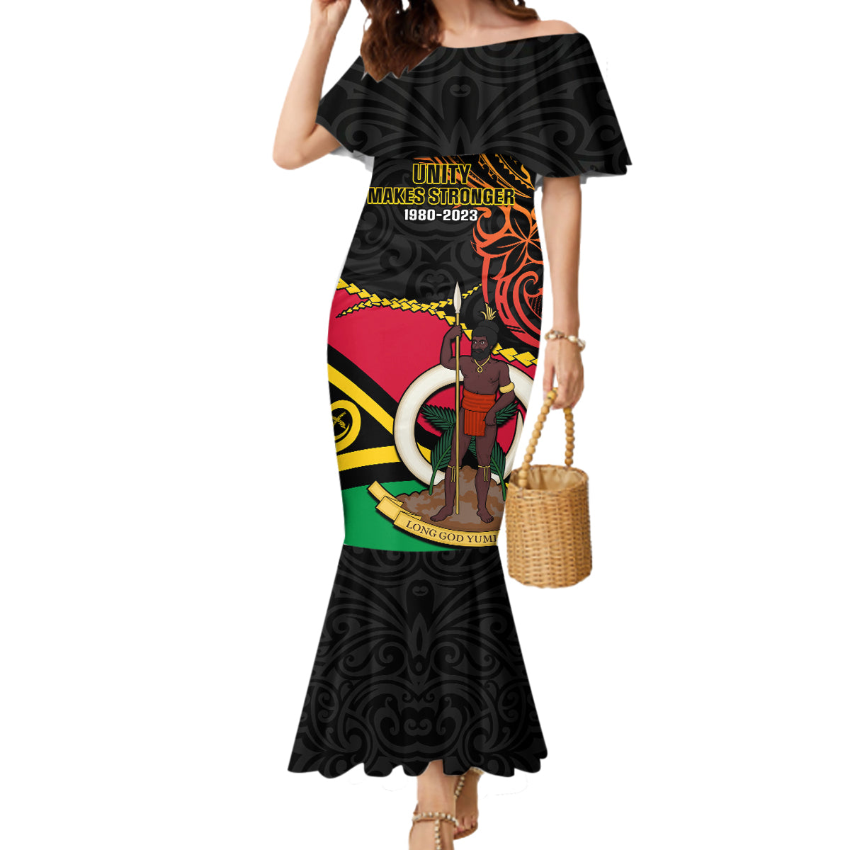 Personalised Vanuatu Unity Day Mermaid Dress 29 November Coat Of Arms With Flag Style LT14 Women Black - Polynesian Pride