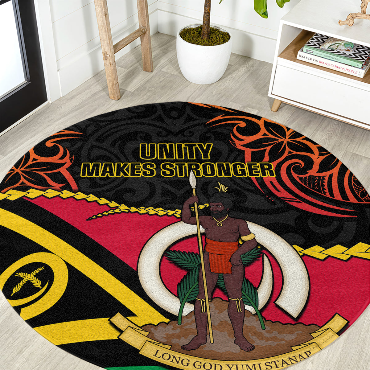 Vanuatu Unity Day Round Carpet 29 November Coat Of Arms With Flag Style LT14 Black - Polynesian Pride