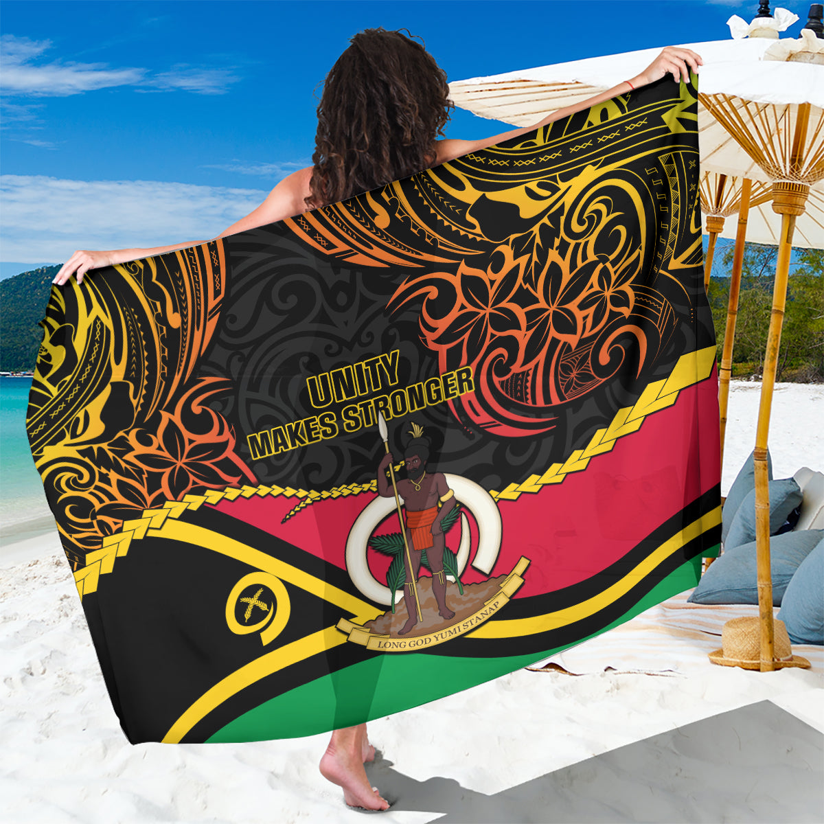 Vanuatu Unity Day Sarong 29 November Coat Of Arms With Flag Style LT14 One Size 44 x 66 inches Black - Polynesian Pride