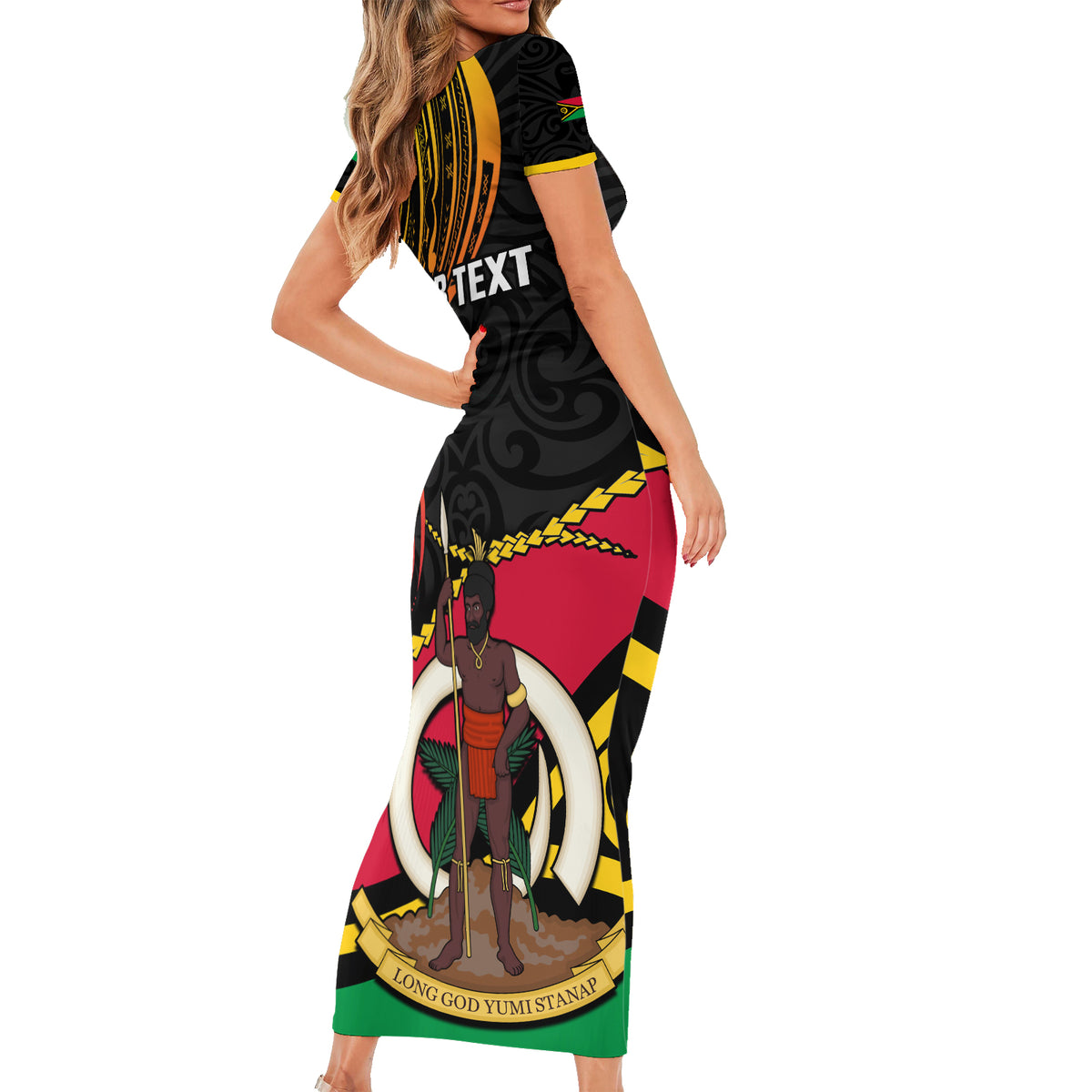 Personalised Vanuatu Unity Day Short Sleeve Bodycon Dress 29 November Coat Of Arms With Flag Style LT14 - Polynesian Pride