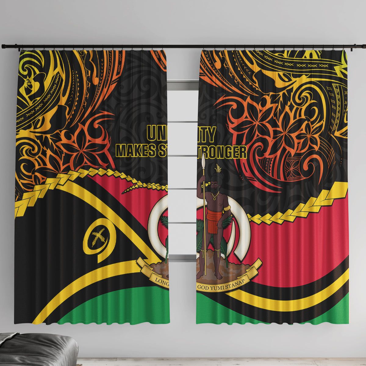 Vanuatu Unity Day Window Curtain 29 November Coat Of Arms With Flag Style LT14 With Hooks Black - Polynesian Pride