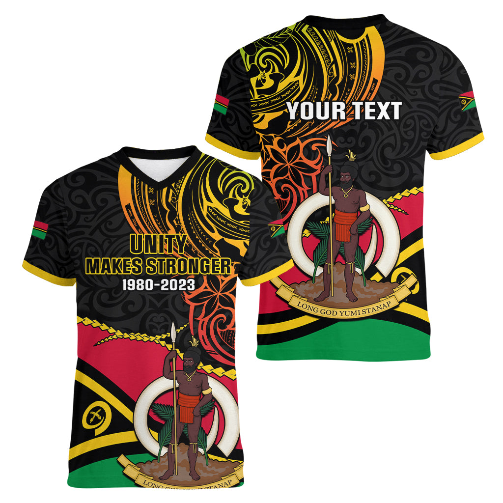 Personalised Vanuatu Unity Day Women V Neck T Shirt 29 November Coat Of Arms With Flag Style LT14 - Polynesian Pride