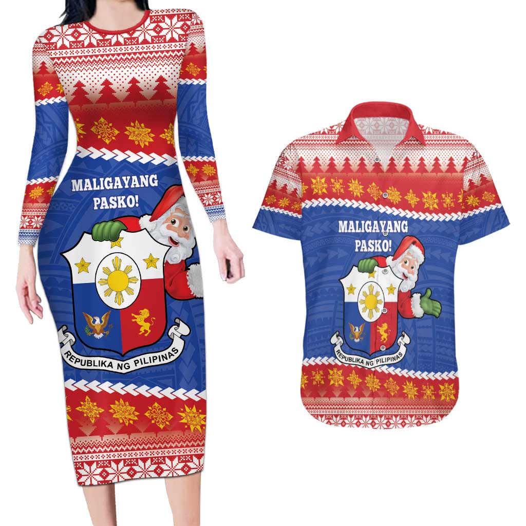 Personalized The Philippines Christmas Couples Matching Long Sleeve Bodycon Dress and Hawaiian Shirt Pilipinas Parol - Maligayang Pasko!