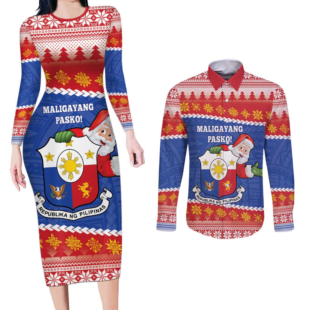 Personalized The Philippines Christmas Couples Matching Long Sleeve Bodycon Dress and Long Sleeve Button Shirt Pilipinas Parol - Maligayang Pasko!