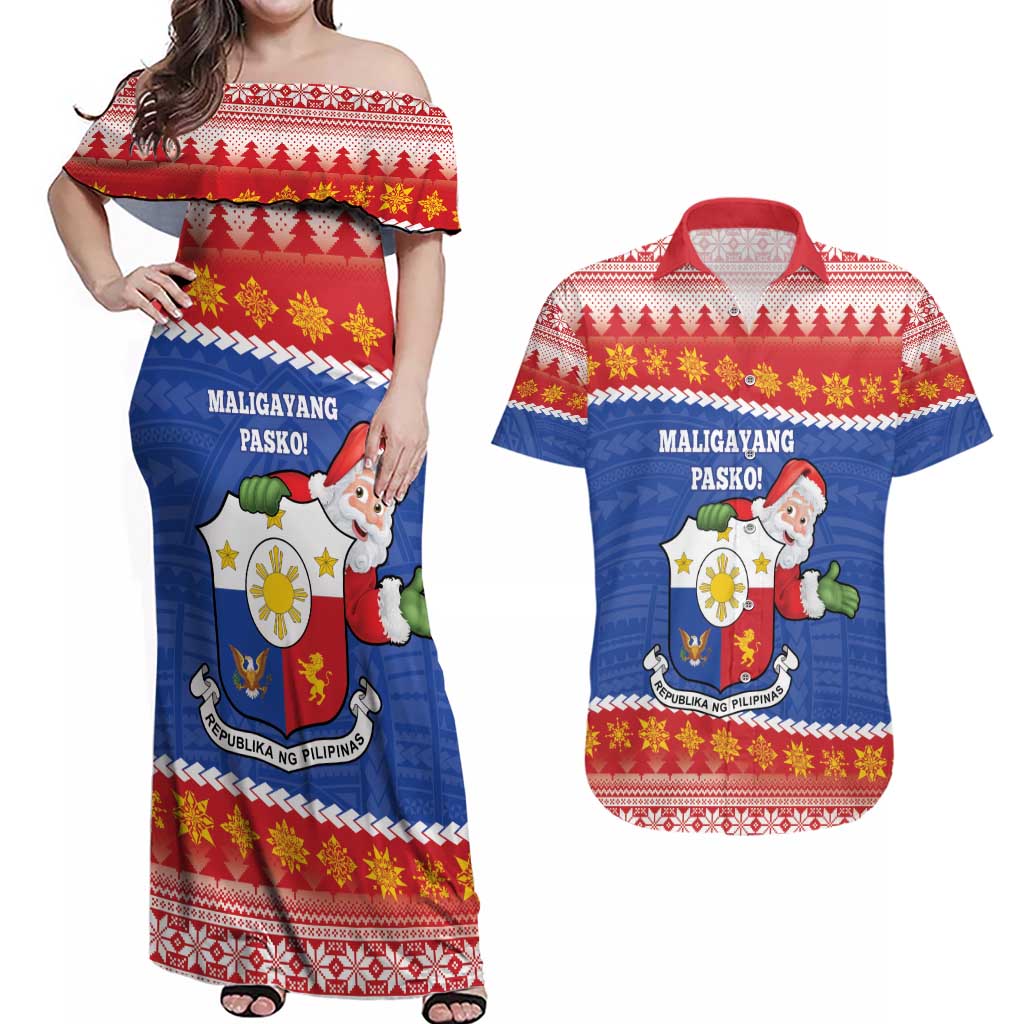 Personalized The Philippines Christmas Couples Matching Off Shoulder Maxi Dress and Hawaiian Shirt Pilipinas Parol - Maligayang Pasko!