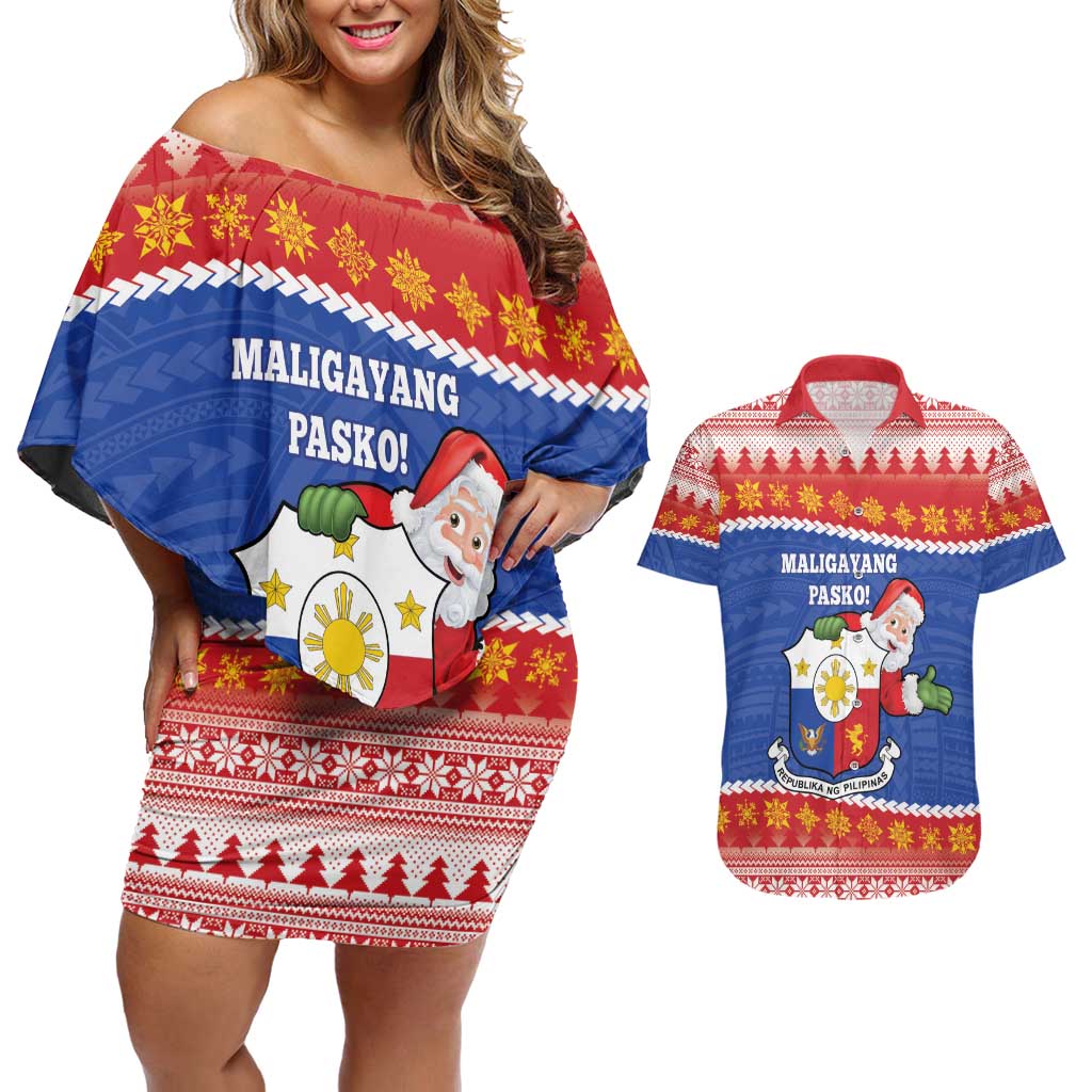 Personalized The Philippines Christmas Couples Matching Off Shoulder Short Dress and Hawaiian Shirt Pilipinas Parol - Maligayang Pasko!