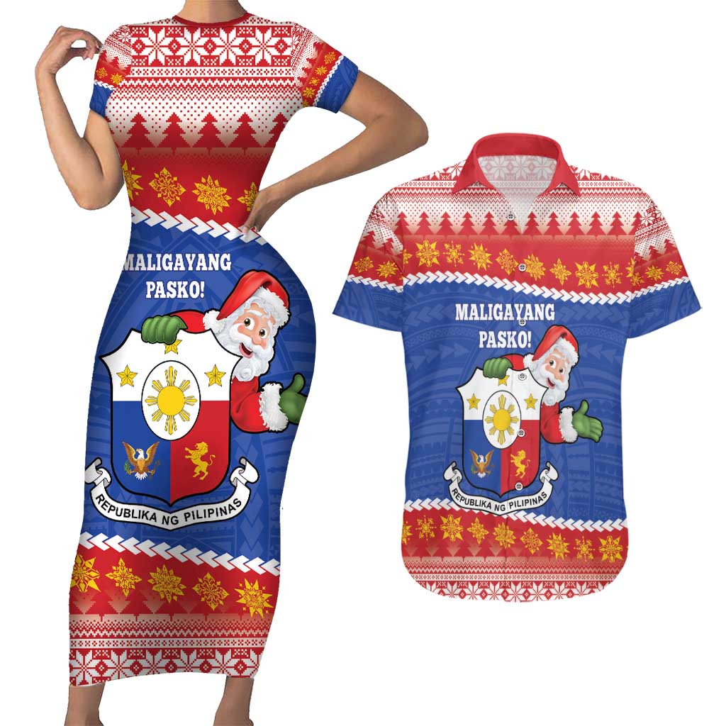 Personalized The Philippines Christmas Couples Matching Short Sleeve Bodycon Dress and Hawaiian Shirt Pilipinas Parol - Maligayang Pasko!