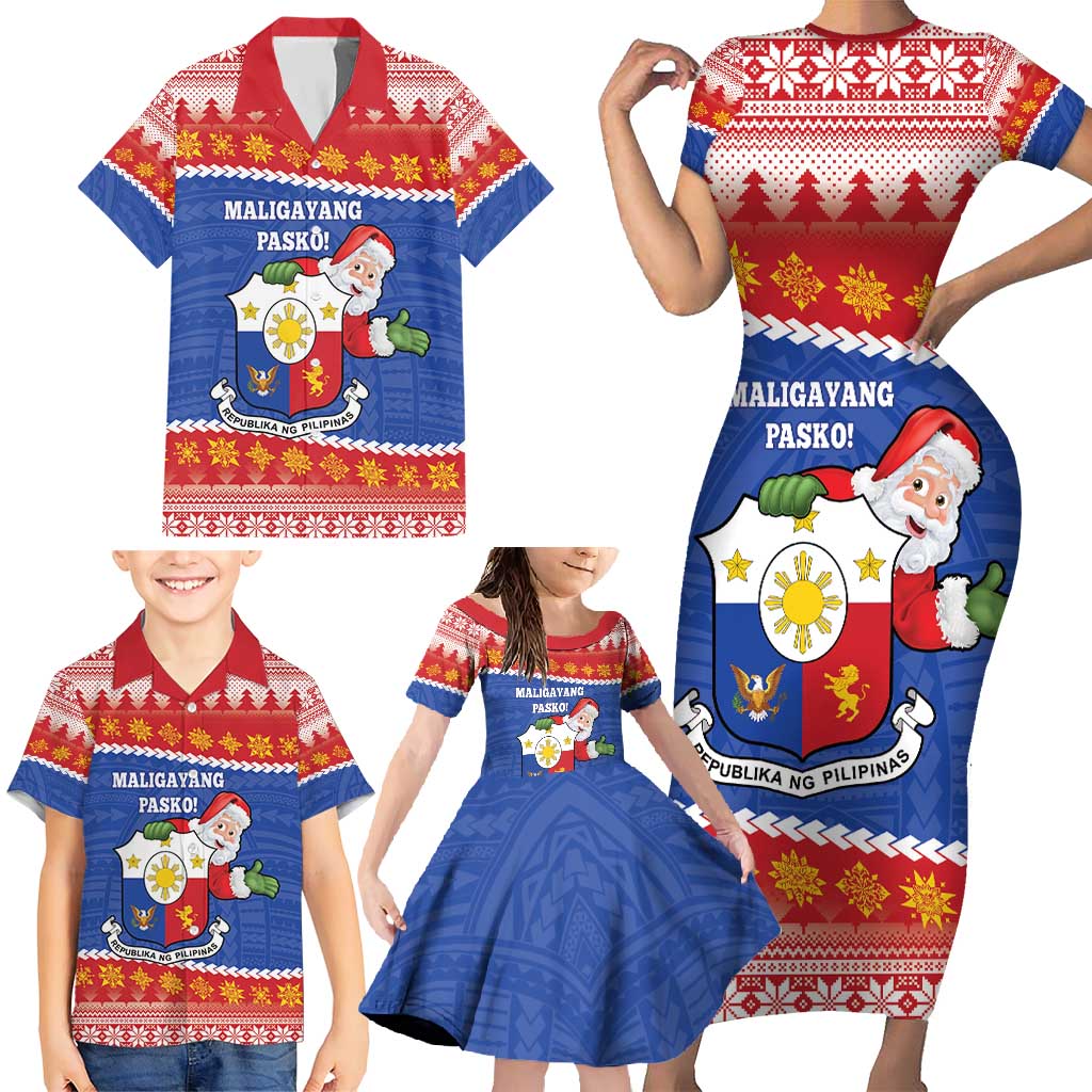 Personalized The Philippines Christmas Family Matching Short Sleeve Bodycon Dress and Hawaiian Shirt Pilipinas Parol - Maligayang Pasko!