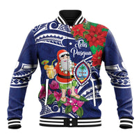 Guam Christmas Baseball Jacket Poinsettia With Bougainvillea - Felis Pasgua! LT14 Unisex Blue - Polynesian Pride