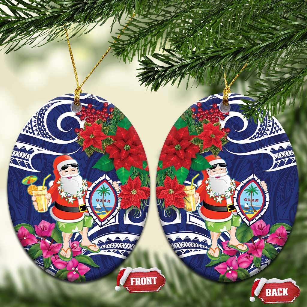 Guam Christmas Ceramic Ornament Poinsettia With Bougainvillea - Felis Pasgua! LT14 Oval Blue - Polynesian Pride