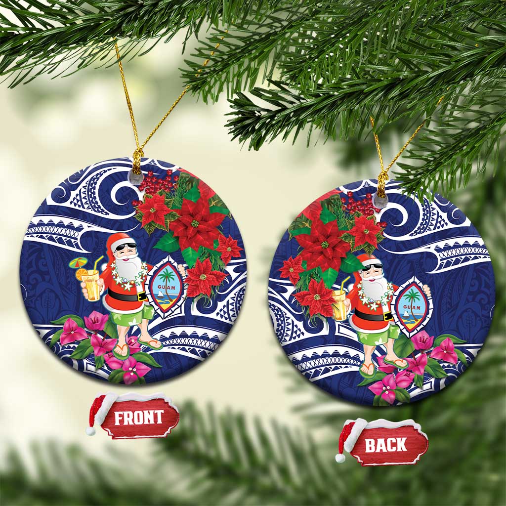 Guam Christmas Ceramic Ornament Poinsettia With Bougainvillea - Felis Pasgua! LT14 Circle Blue - Polynesian Pride