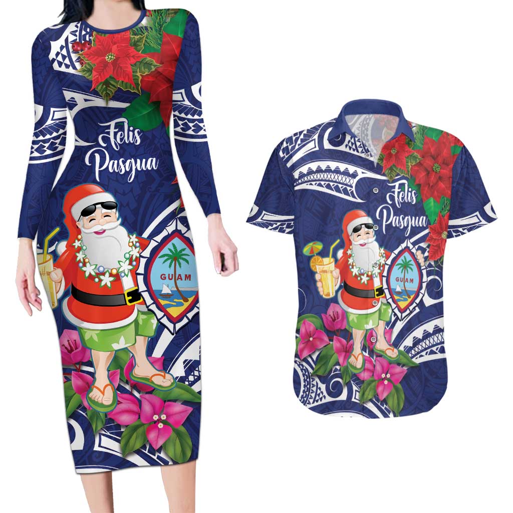 Guam Christmas Couples Matching Long Sleeve Bodycon Dress and Hawaiian Shirt Poinsettia With Bougainvillea - Felis Pasgua!