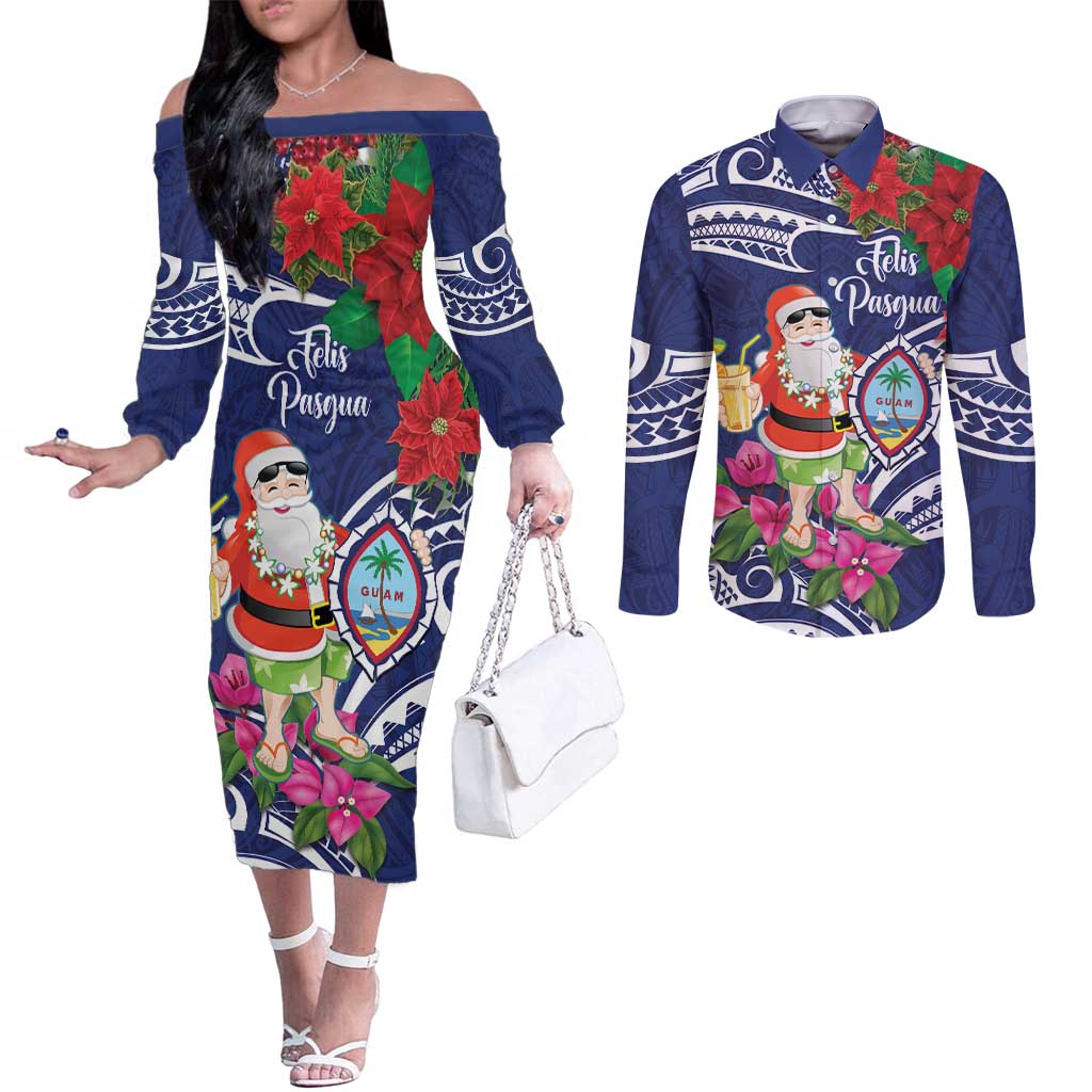 Guam Christmas Couples Matching Off The Shoulder Long Sleeve Dress and Long Sleeve Button Shirt Poinsettia With Bougainvillea - Felis Pasgua! LT14 Blue - Polynesian Pride